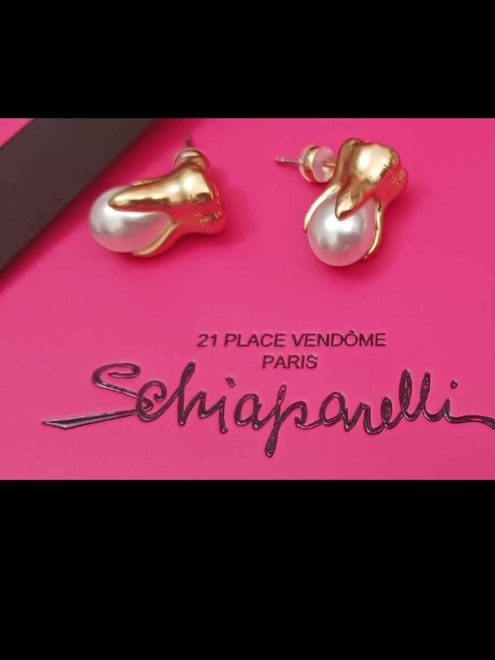 Schiaparelli Gold and White Pearl Tooth Small  Drop Earrings Studs Made  FRANCE